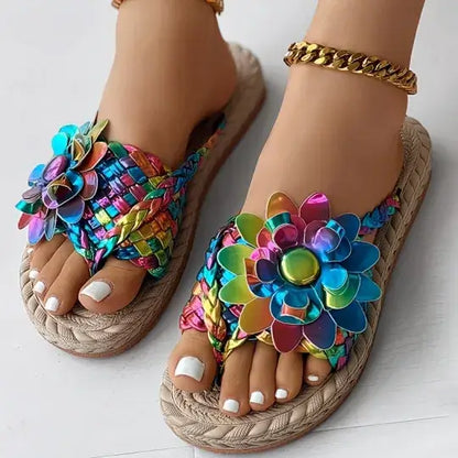 Women's Elegant Rhinestone Flower Flat Sandals