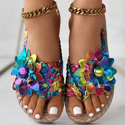 Women's Elegant Rhinestone Flower Flat Sandals