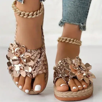 Women's Elegant Rhinestone Flower Flat Sandals